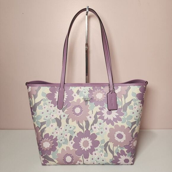 NWT COACH CBG78 City Tote Bag With Floral Print Ivory/Purple Multi - Picture 1 of 5
